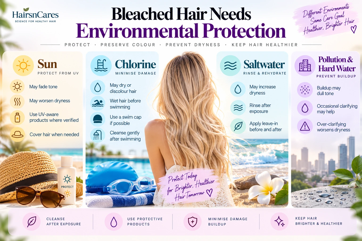 Environmental protection for bleached hair from sun chlorine saltwater pollution and hard water