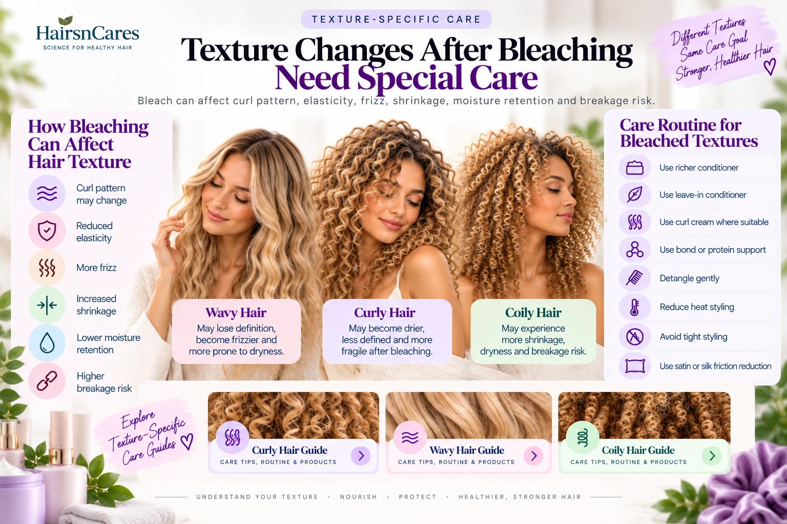 Bleached wavy curly and coily hair showing texture changes and special care needs