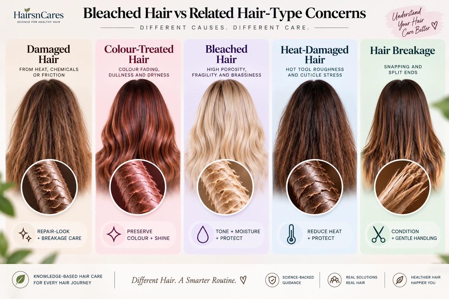 Comparison of bleached hair, damaged hair, colour-treated hair, heat-damaged hair and hair breakage