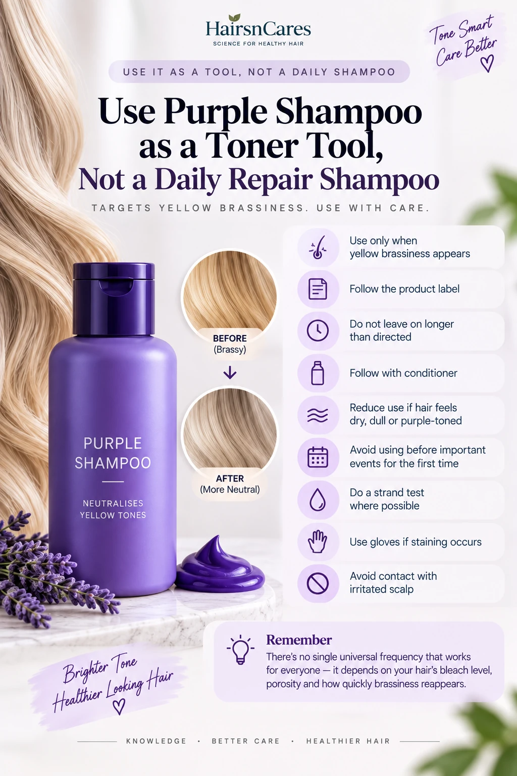 Purple shampoo guide for reducing yellow brassiness in bleached blonde hair