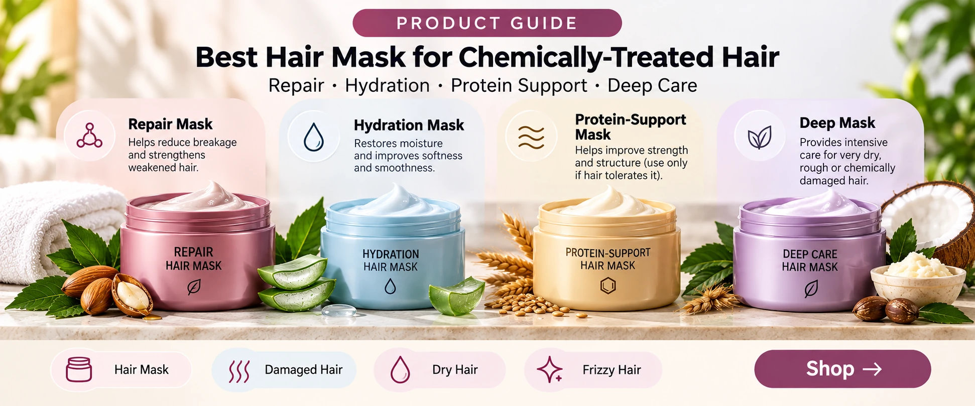 Hair mask guide for chemically treated hair showing repair hydration protein support and deep conditioning mask options