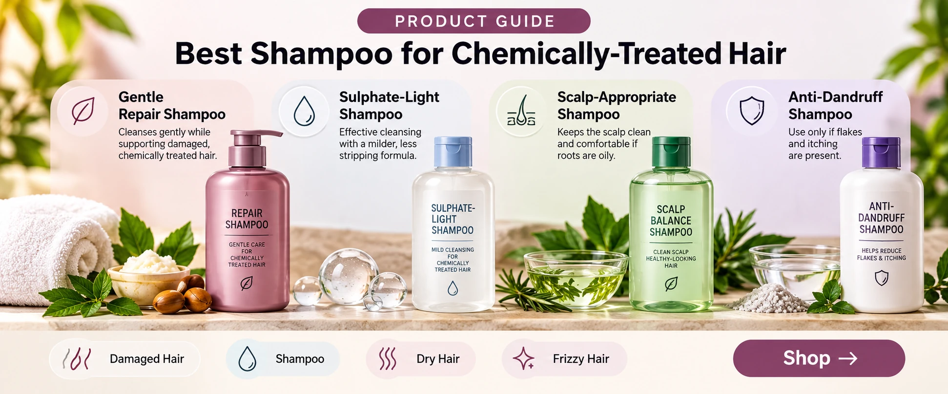 Shampoo guide for chemically treated hair showing gentle repair sulphate-light scalp-appropriate and anti-dandruff options