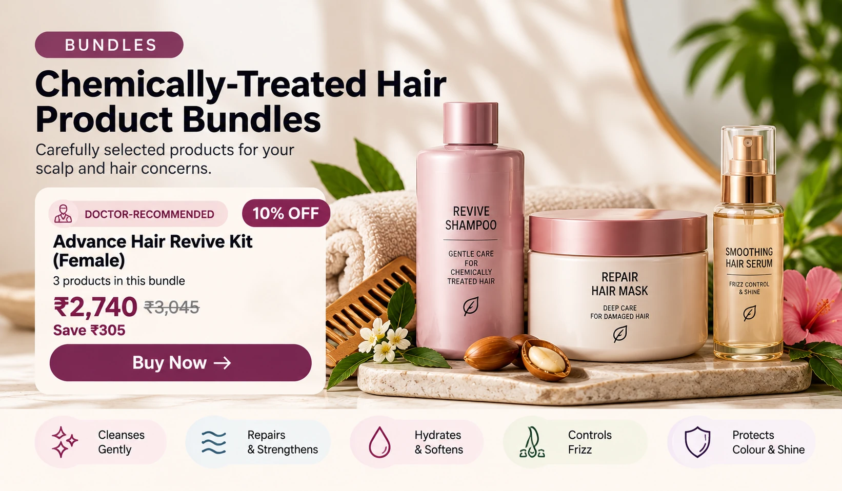 Chemically treated hair product bundle with shampoo hair mask and serum for a complete hair care routine
