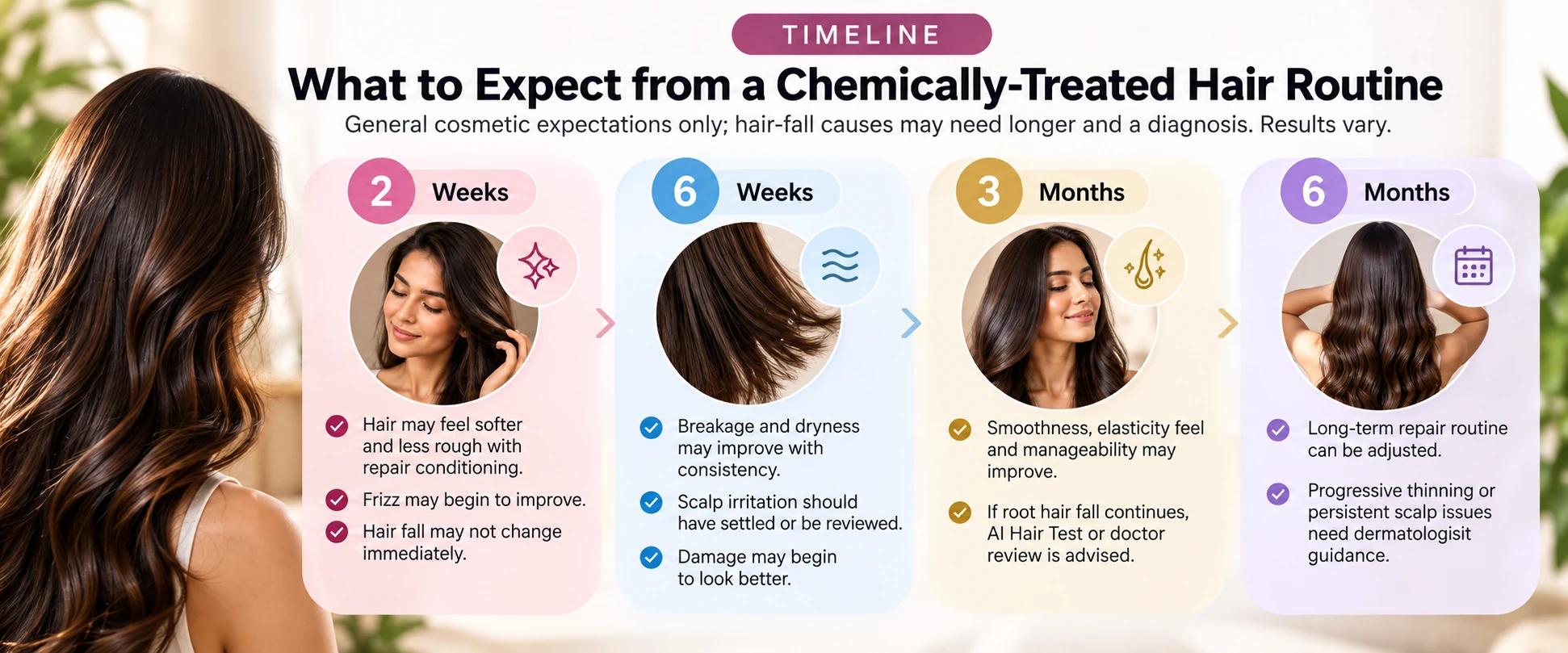 Chemically treated hair routine timeline showing general expectations at 2 weeks 6 weeks 3 months and 6 months