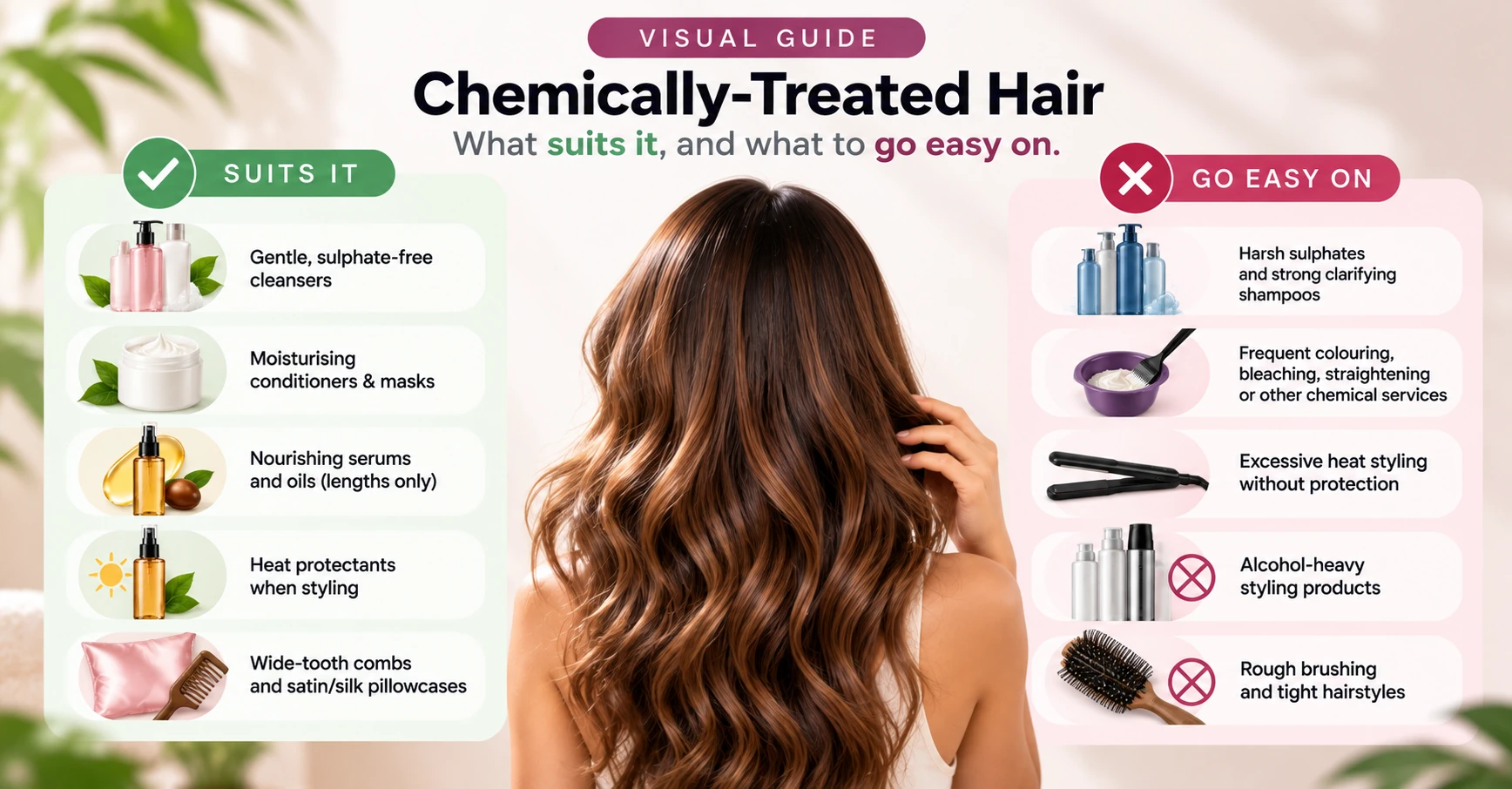 Chemically treated hair guide showing suitable conditioners masks serums heat protection and practices to limit