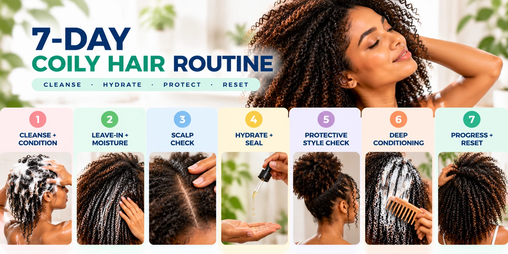 Seven day coily hair routine with cleansing conditioning leave in moisture scalp check hydration protective styling and deep conditioning