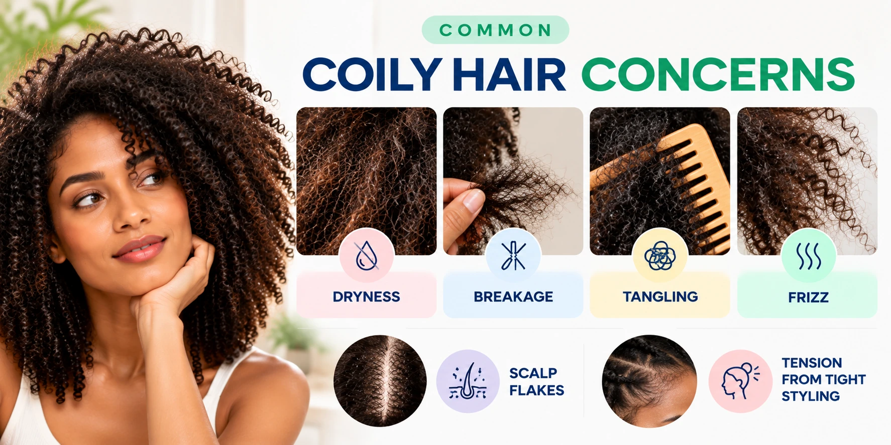 Common coily hair concerns including dryness breakage tangling frizz scalp flakes and tension from tight styling