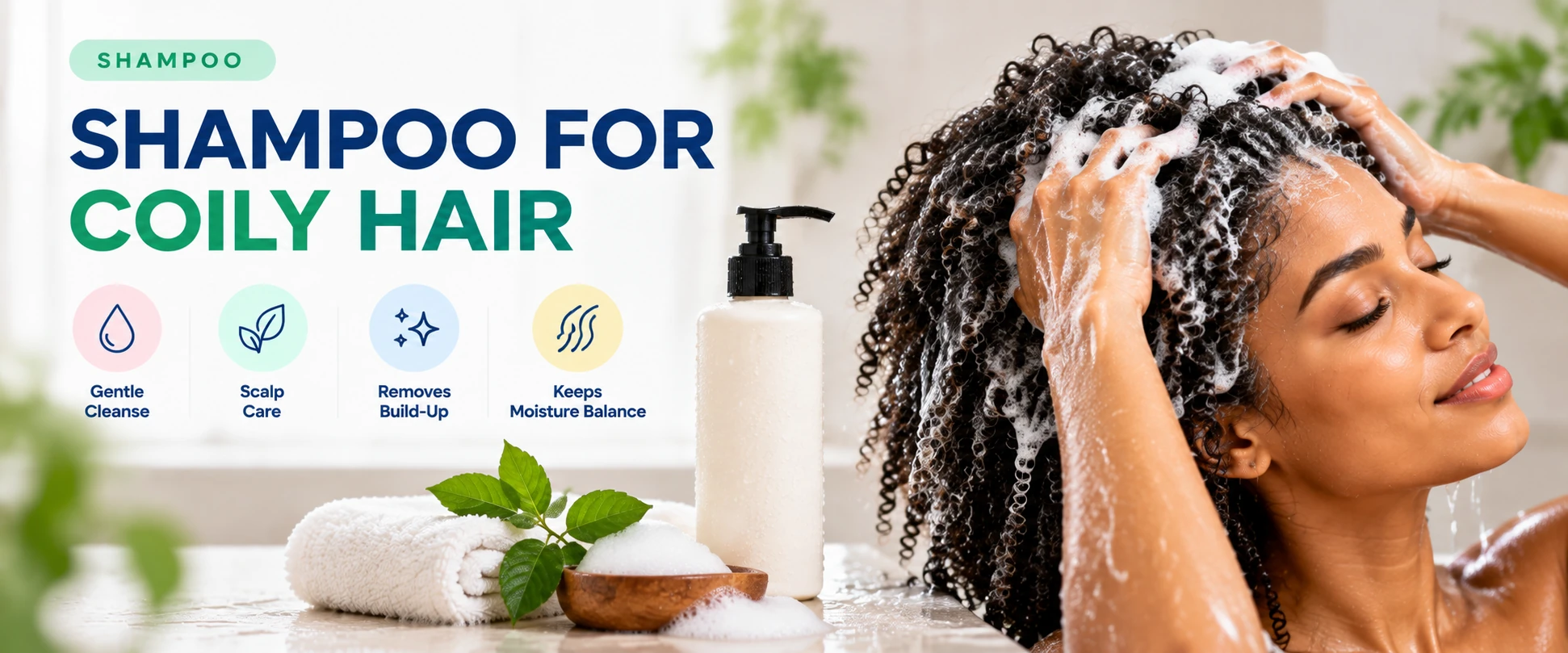 Shampoo for coily hair with gentle scalp cleansing and buildup removal while supporting moisture balance