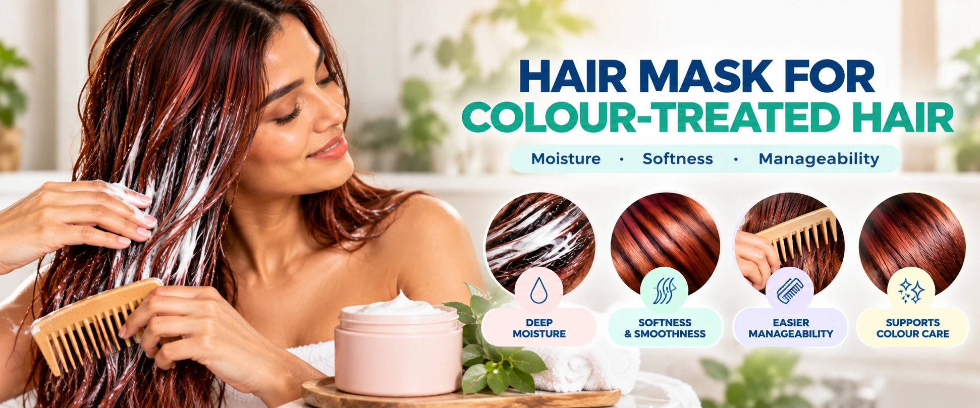 Hair mask for colour treated hair supporting moisture softness smoothness and easier manageability