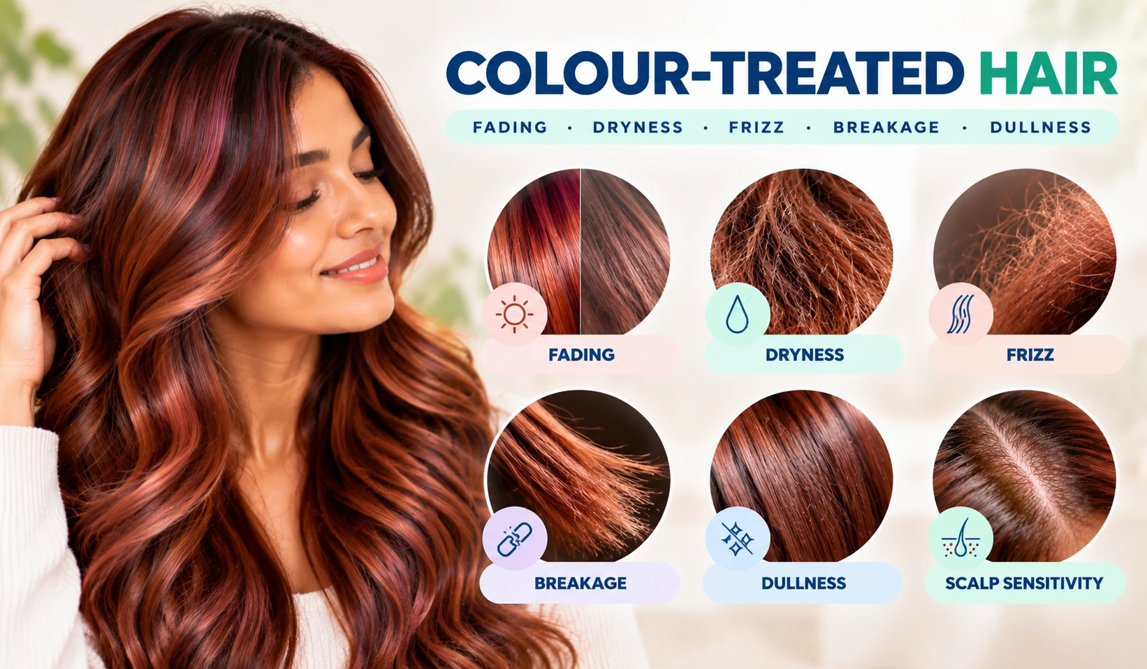 Colour treated hair characteristics including fading dryness frizz breakage dullness and possible scalp sensitivity