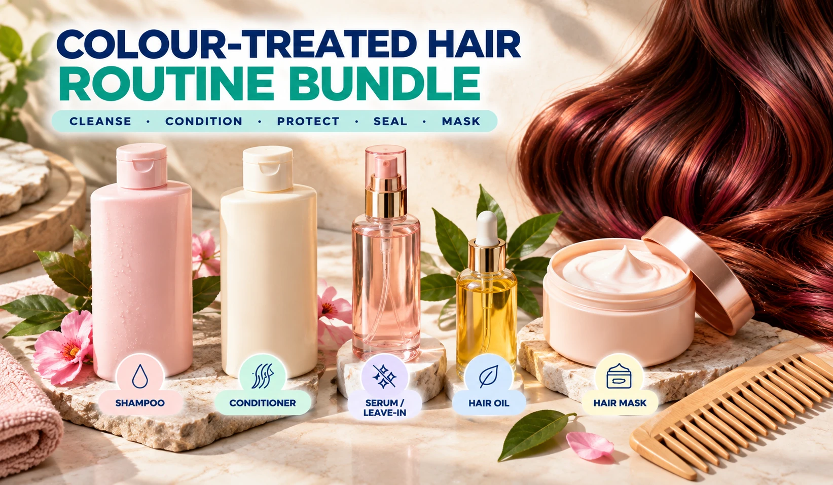 Colour treated hair product bundle with shampoo conditioner serum leave in hair oil and hair mask