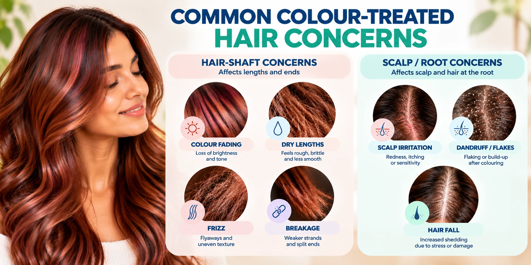 Common colour treated hair concerns including fading dry lengths frizz breakage scalp irritation flakes and hair fall