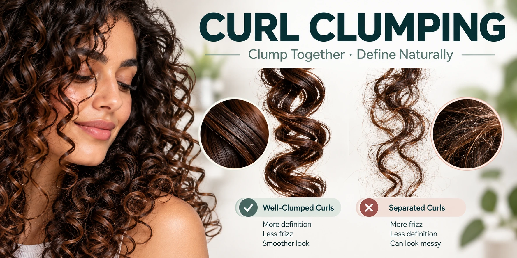 Curl clumping comparison showing defined curl clumps and separated frizzy curly hair strands