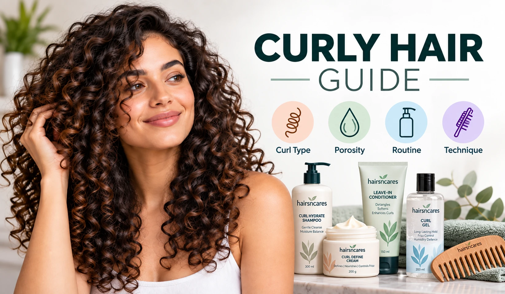 Curly hair guide showing defined curls with curl type porosity routine and styling technique