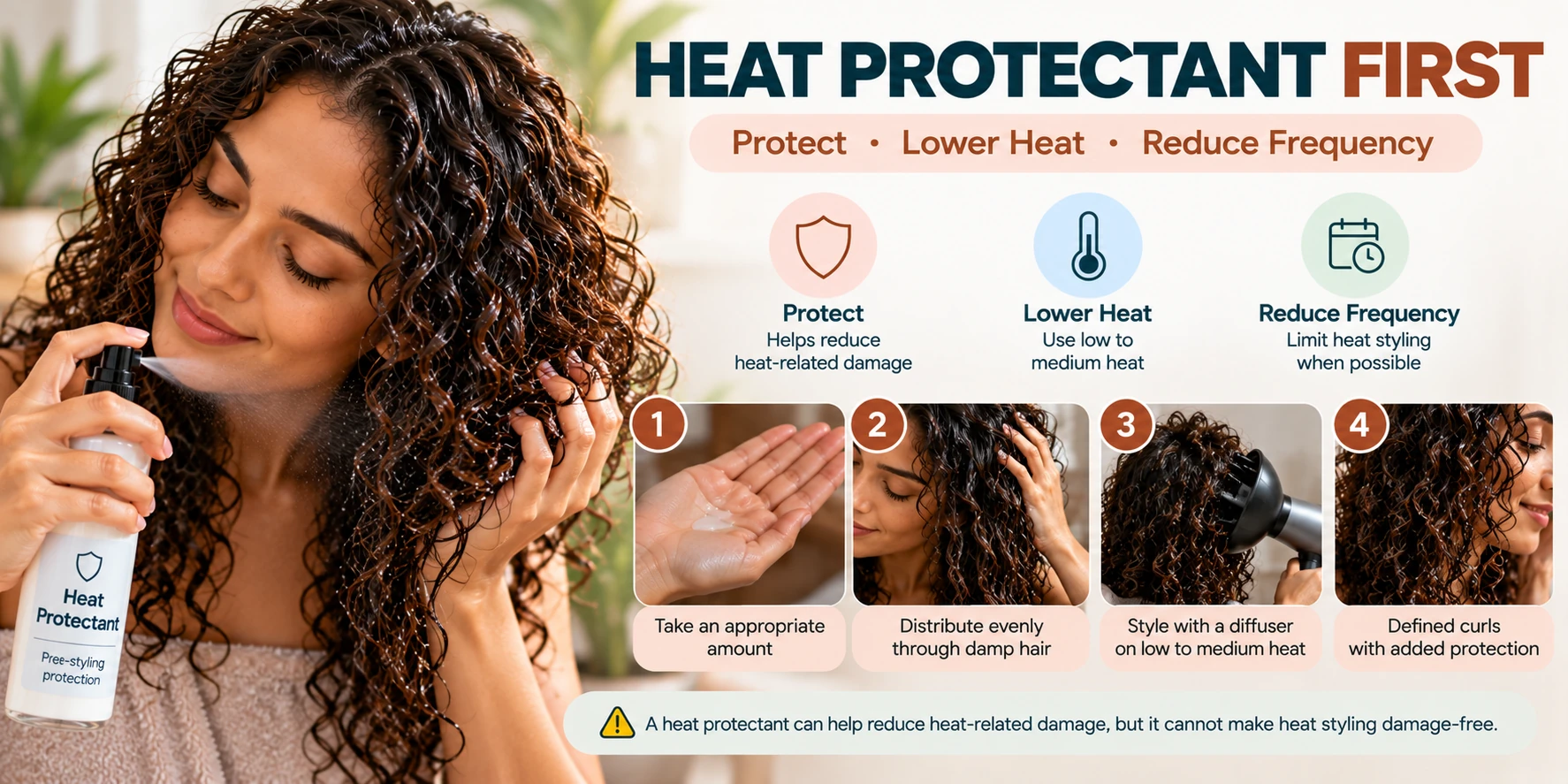 Heat protectant applied evenly to curly hair before diffuser styling with lower heat to help reduce heat-related damage