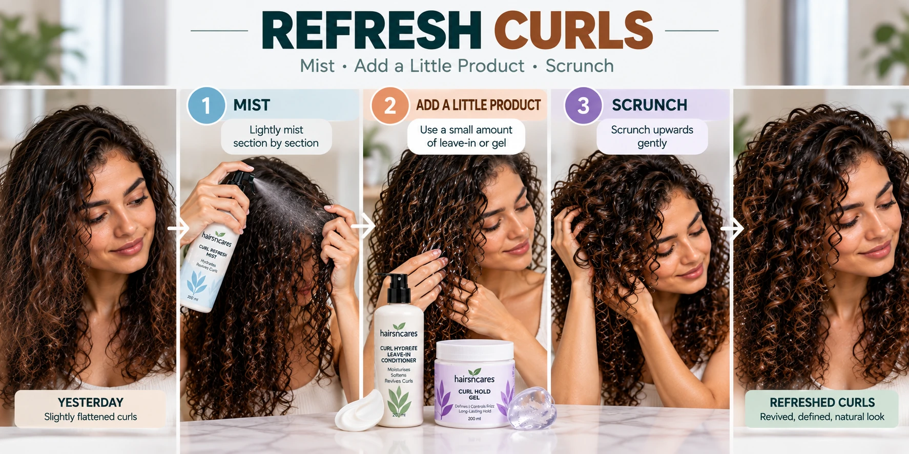 How to refresh curly hair between washes using a fine mist small amount of leave-in or gel and gentle upward scrunching