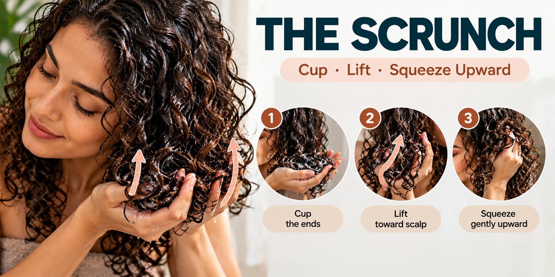 How to scrunch curly hair by cupping wet curl clumps and gently squeezing upward toward the scalp