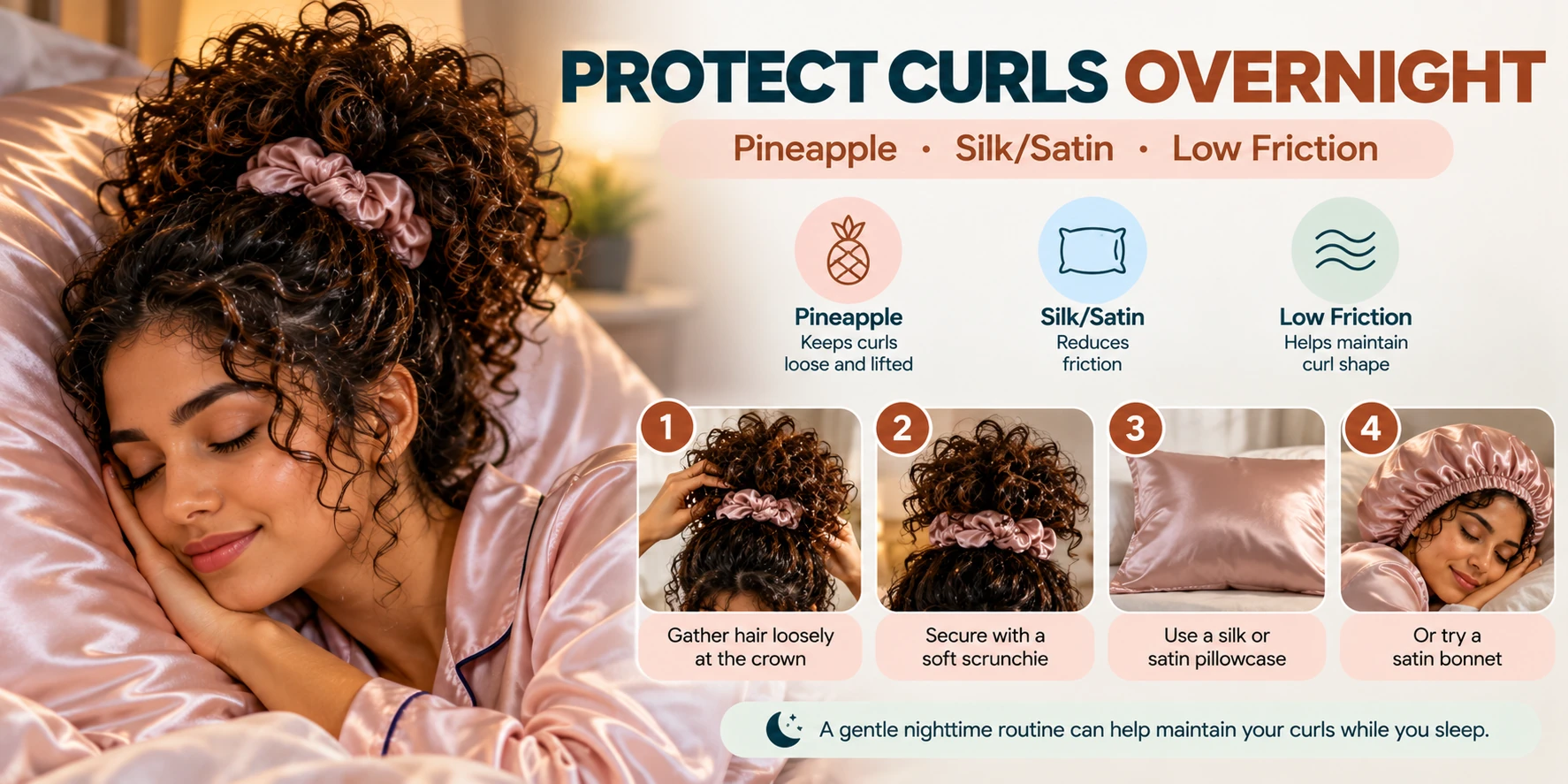 Pineapple curly hair sleep routine with a soft scrunchie, silk or satin pillowcase and satin bonnet for overnight curl protection