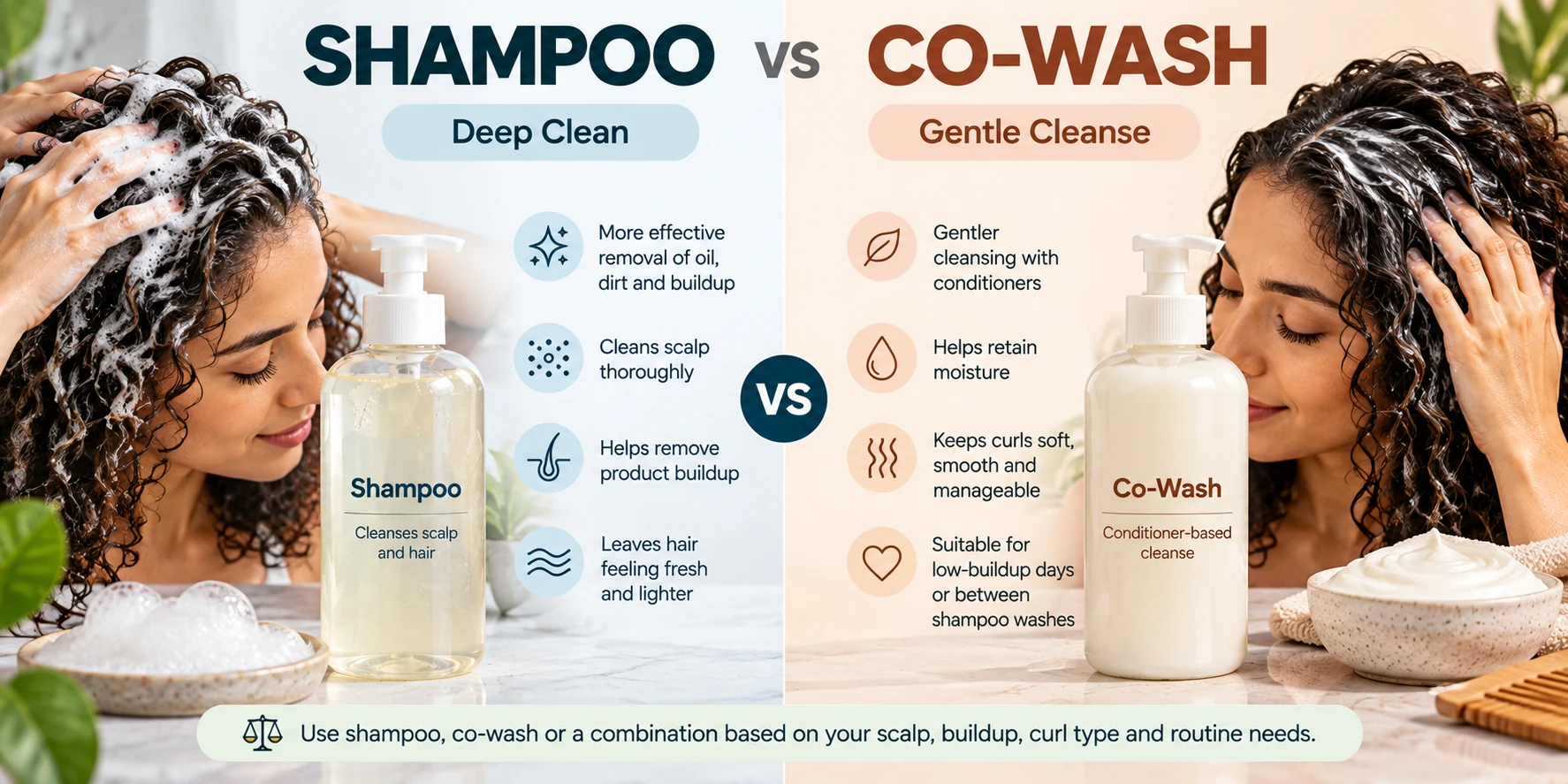 Shampoo vs co-wash for curly hair comparing deeper scalp cleansing with gentle conditioner-based cleansing