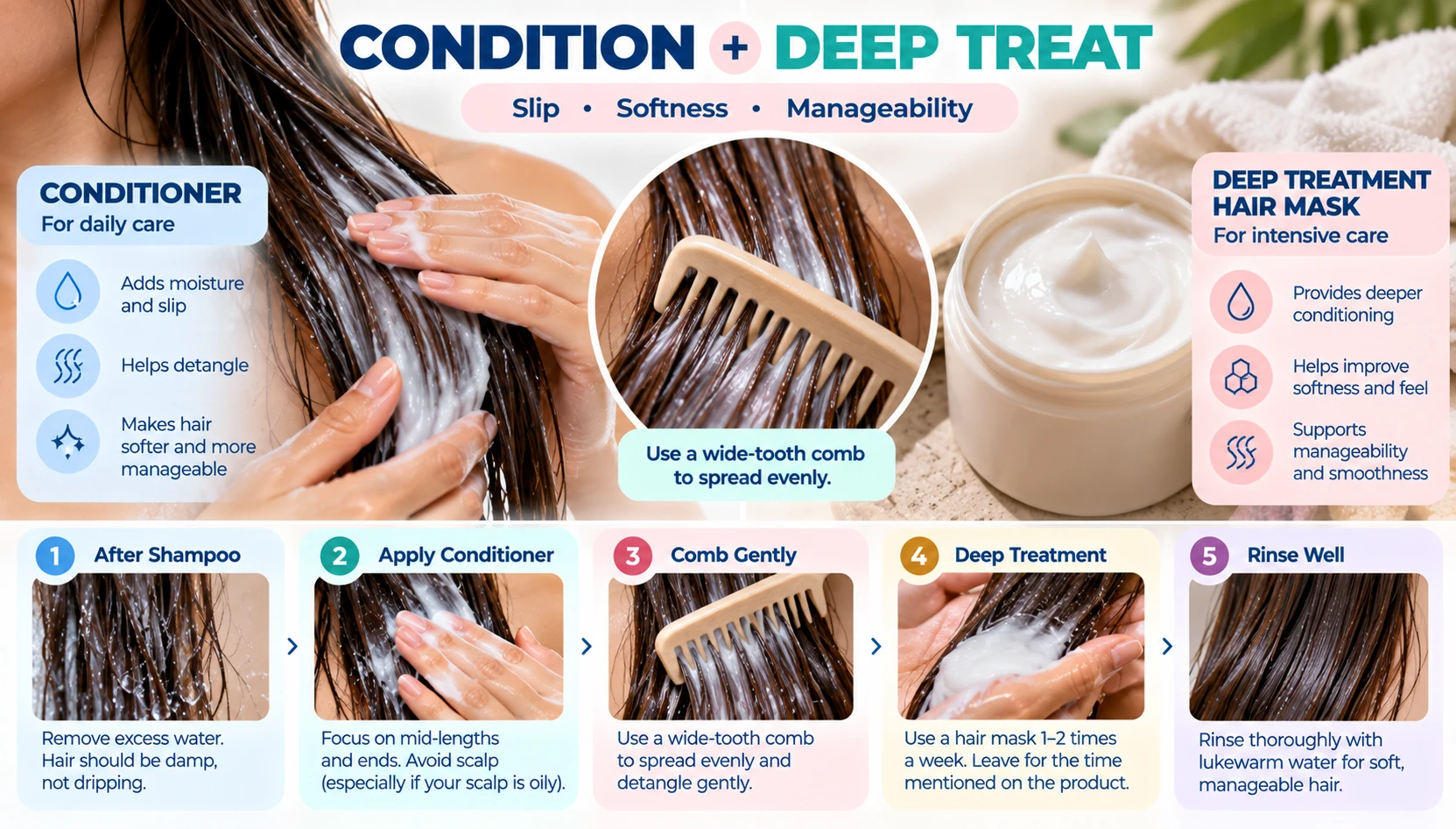 Conditioner and deep treatment for damaged hair applied to mid lengths and ends for softness slip and manageability