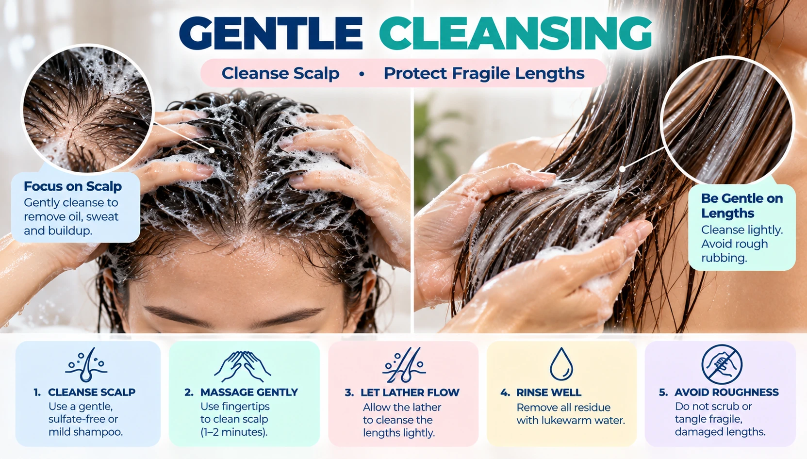 Gentle cleansing for damaged hair showing shampoo focused on the scalp while fragile lengths are handled carefully