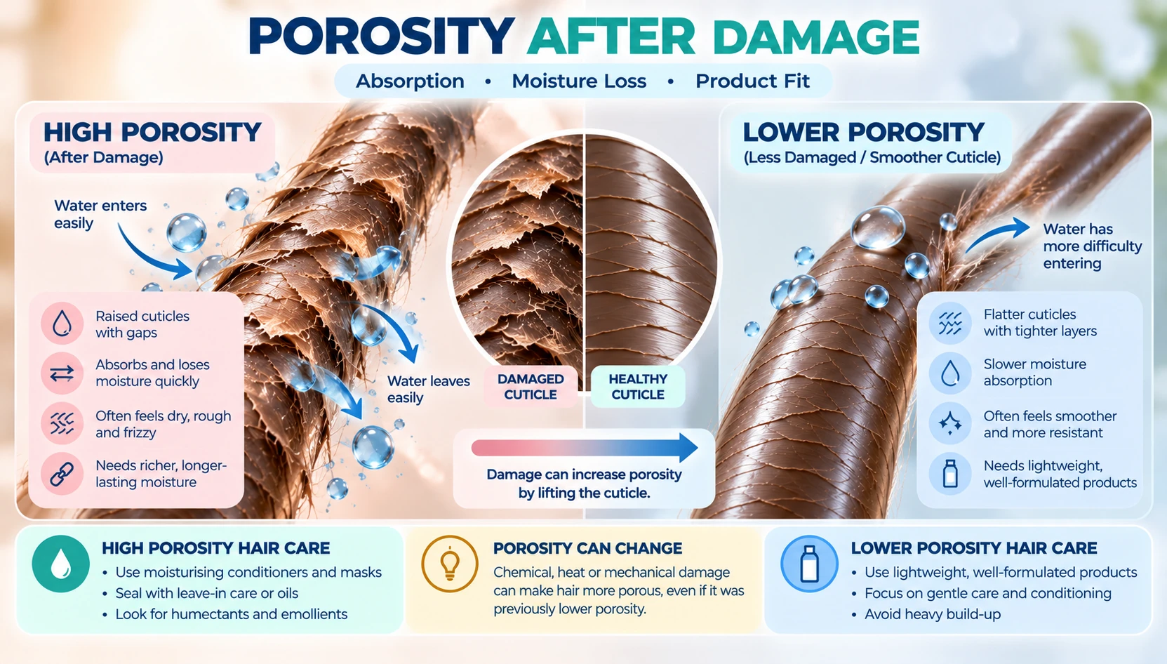 High porosity damaged hair compared with lower porosity hair showing raised and smoother cuticles and differences in moisture movement