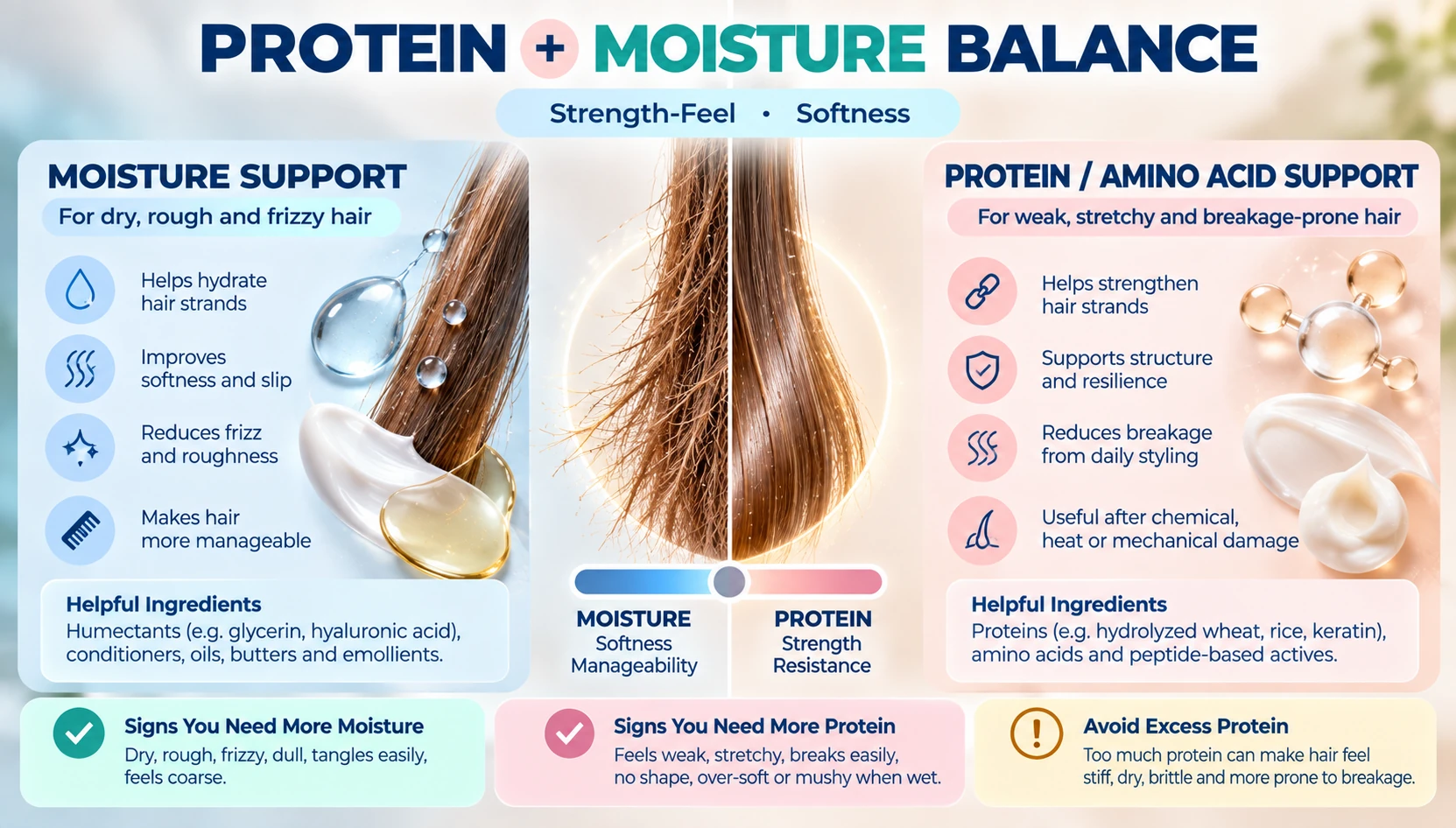 Protein moisture balance for damaged hair comparing moisture support for dry rough hair with protein support for weak breakage prone hair