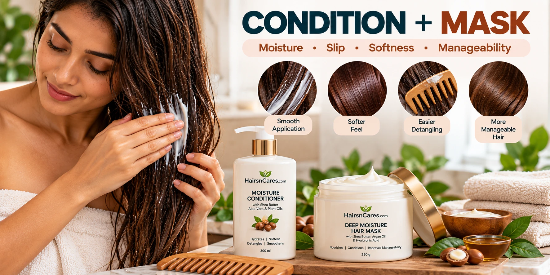 Conditioner and deep moisture hair mask applied to dry hair mid-lengths and ends for softness, slip and manageability