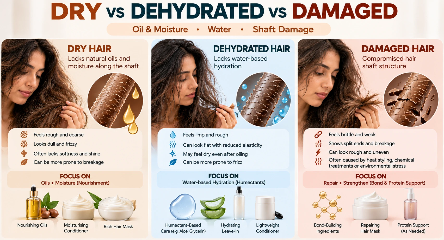 Dry vs dehydrated vs damaged hair comparison showing moisture, hydration and hair shaft structure differences