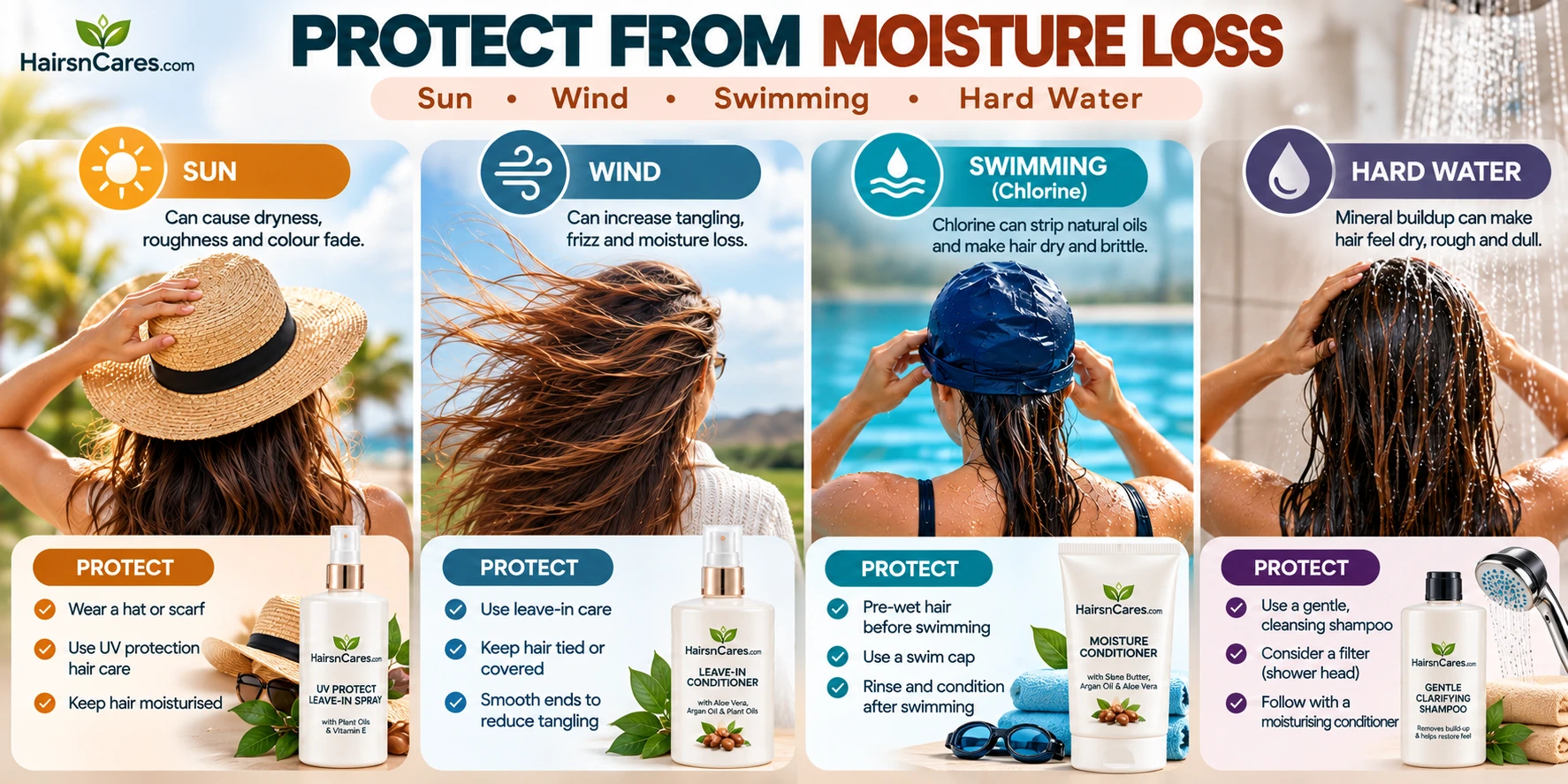 Environmental causes of dry hair including sun, wind, chlorine swimming and hard water with protective hair care tips