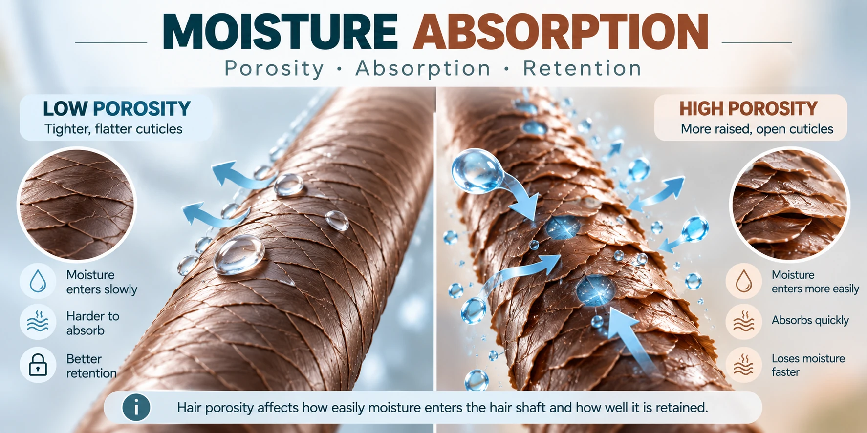 Hair moisture absorption comparison showing low and high porosity cuticles and differences in moisture entry and retention