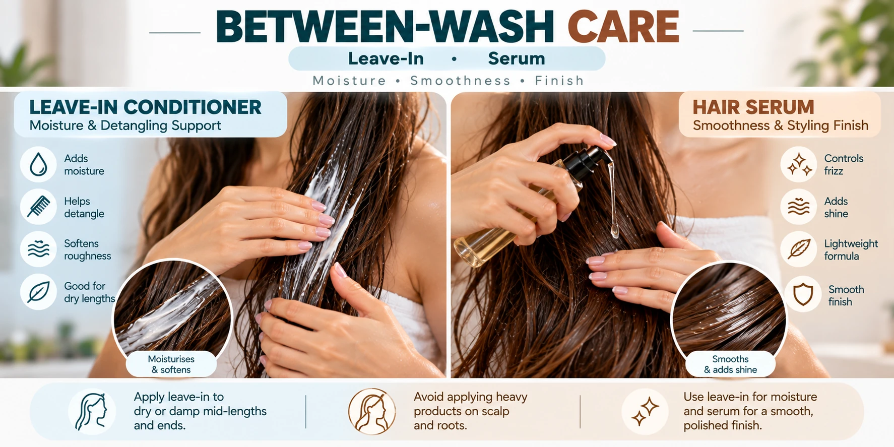 Between-wash care for dry hair comparing leave-in conditioner for moisture and detangling with hair serum for smoothness shine and styling finish