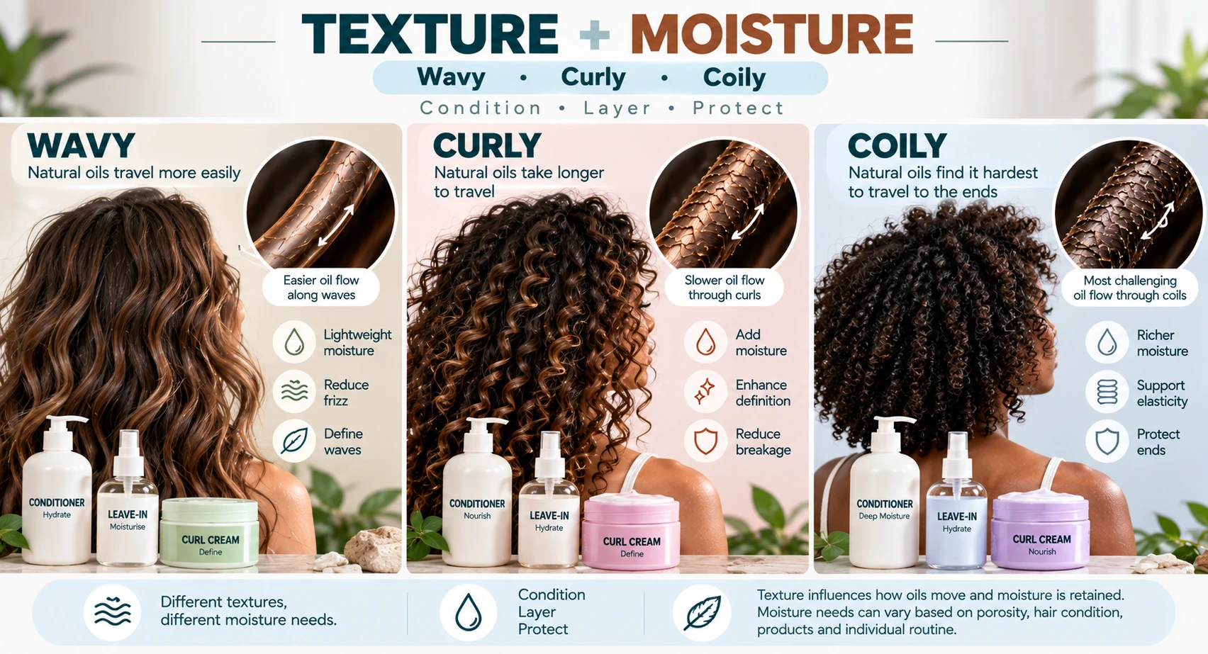 Wavy curly and coily hair moisture comparison showing how natural oils travel along different hair textures with conditioner leave-in and curl cream care