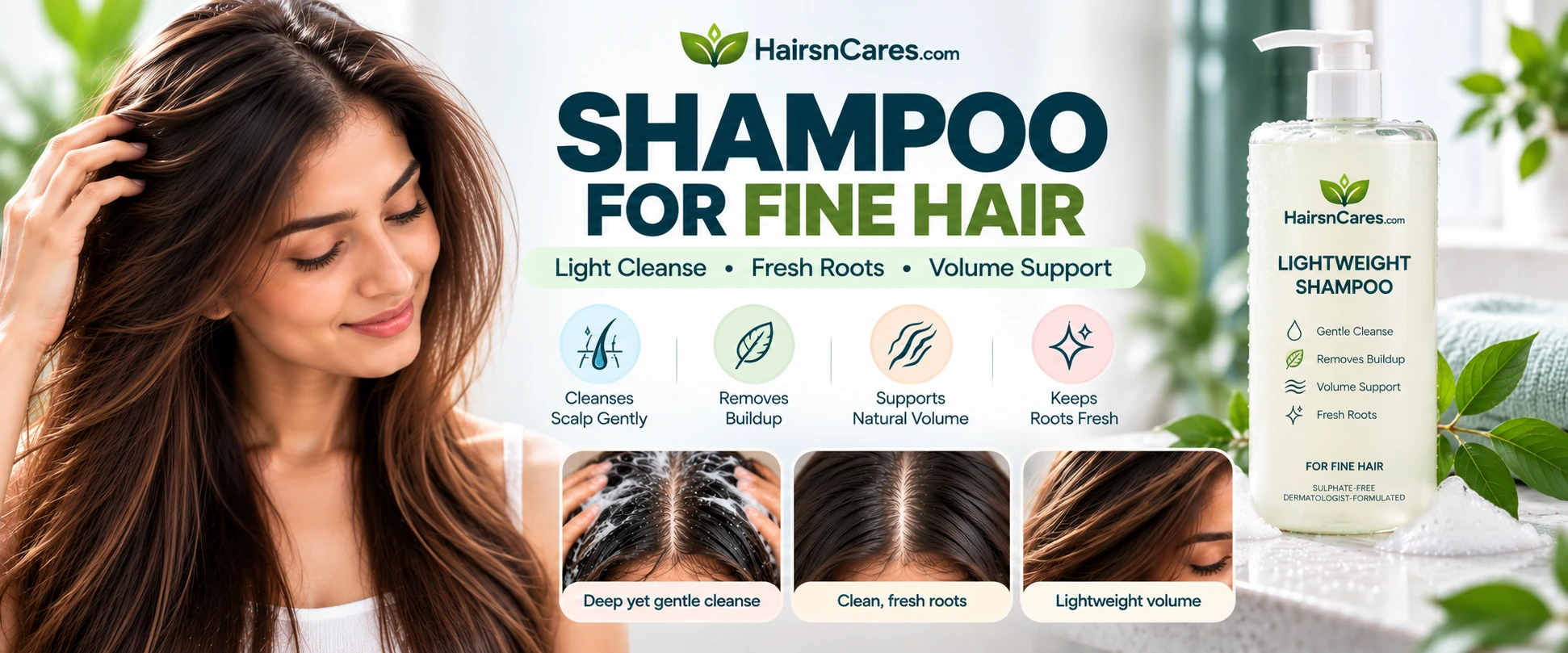 HairsnCares lightweight shampoo for fine hair with clean fresh roots and natural volume support