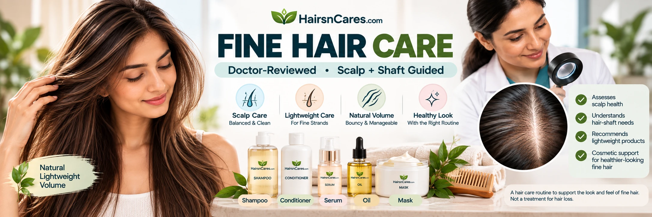Doctor-reviewed fine hair care routine with HairsnCares shampoo, conditioner, serum, oil and mask for lightweight scalp and hair care