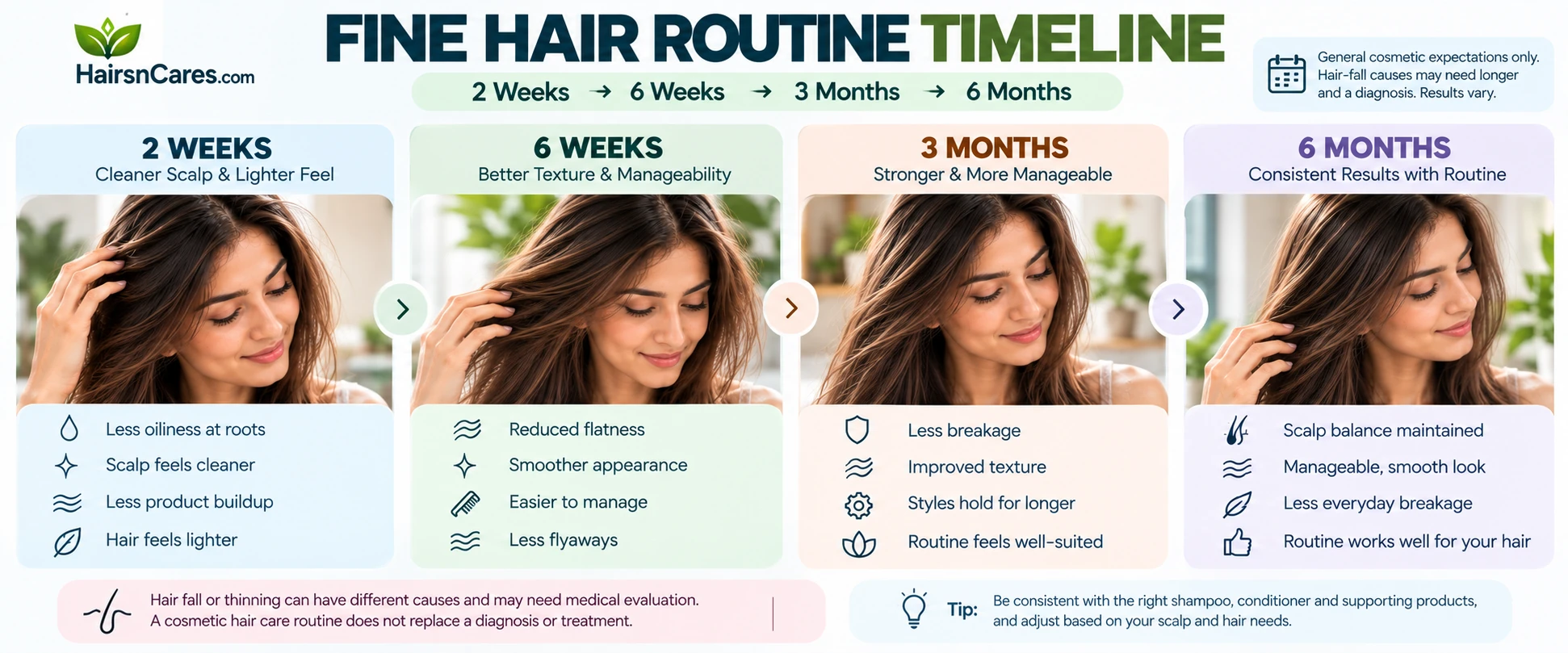 Fine hair care routine timeline at 2 weeks, 6 weeks, 3 months and 6 months reviewing oiliness, flatness, buildup, breakage and manageability