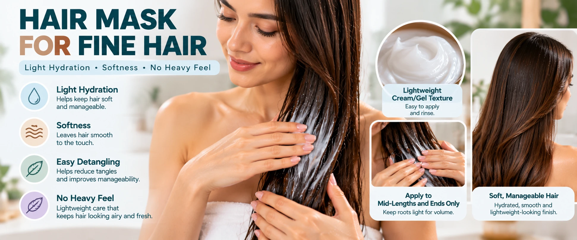 Lightweight hair mask for fine hair applied to mid-lengths and ends for hydration softness and manageability without a heavy feel