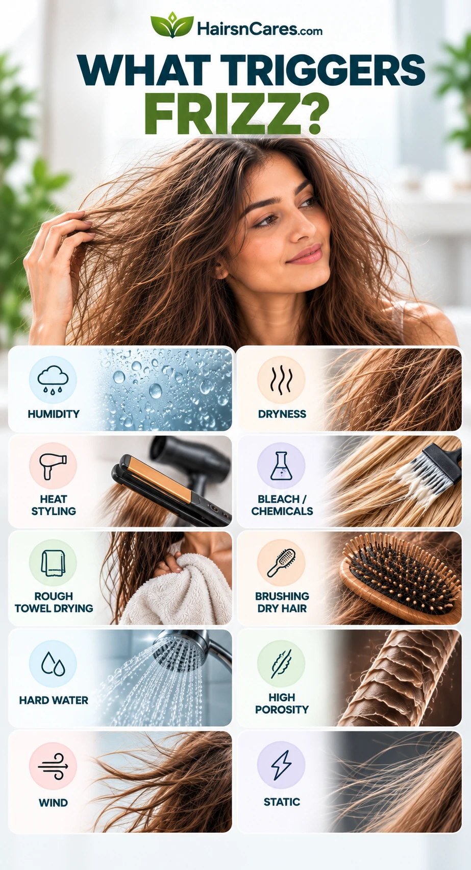 Causes of frizzy hair including humidity, dryness, heat styling, chemicals, friction, hard water, high porosity, wind and static