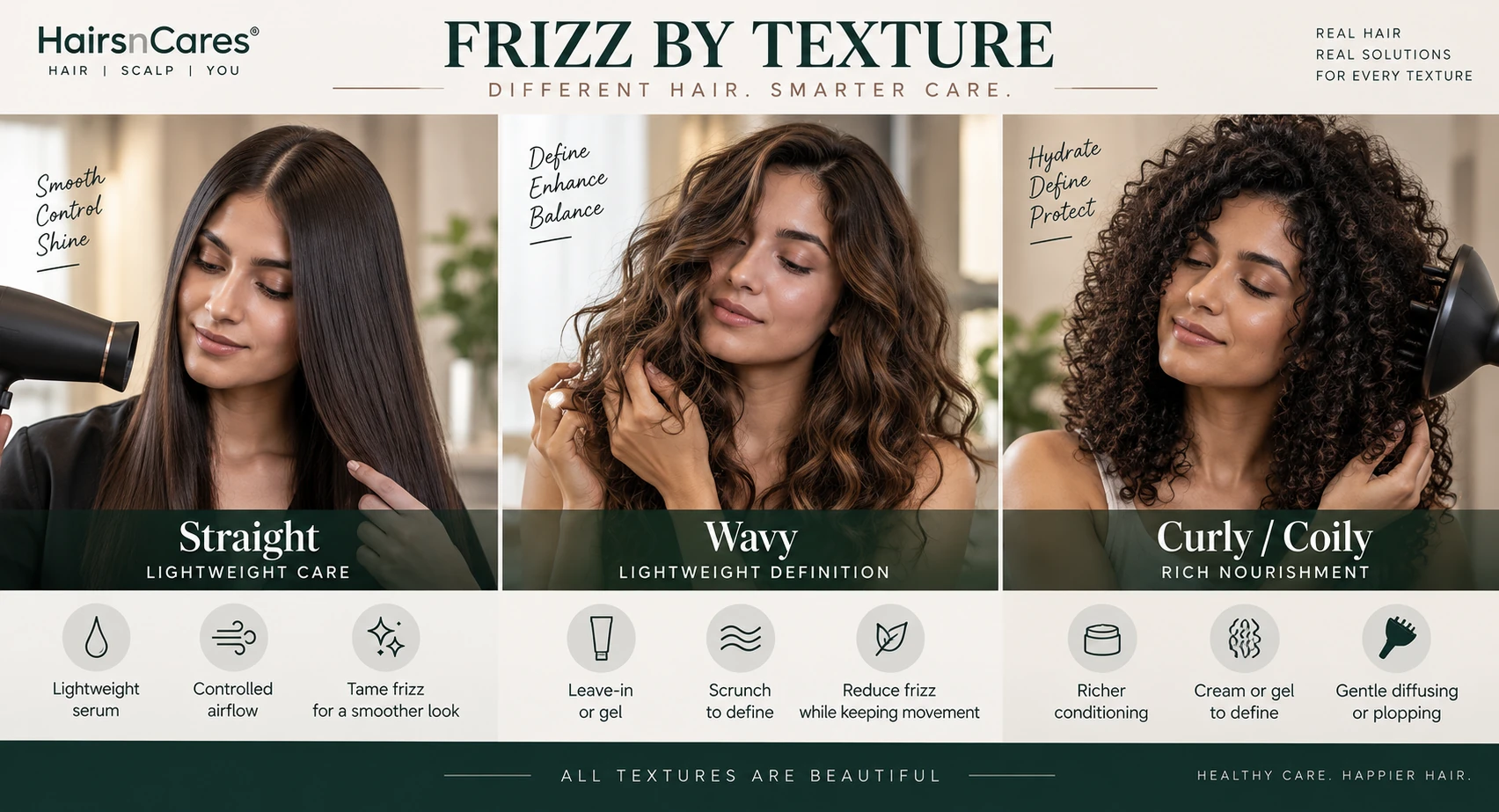 Frizz management for straight wavy curly and coily hair with texture-specific styling techniques