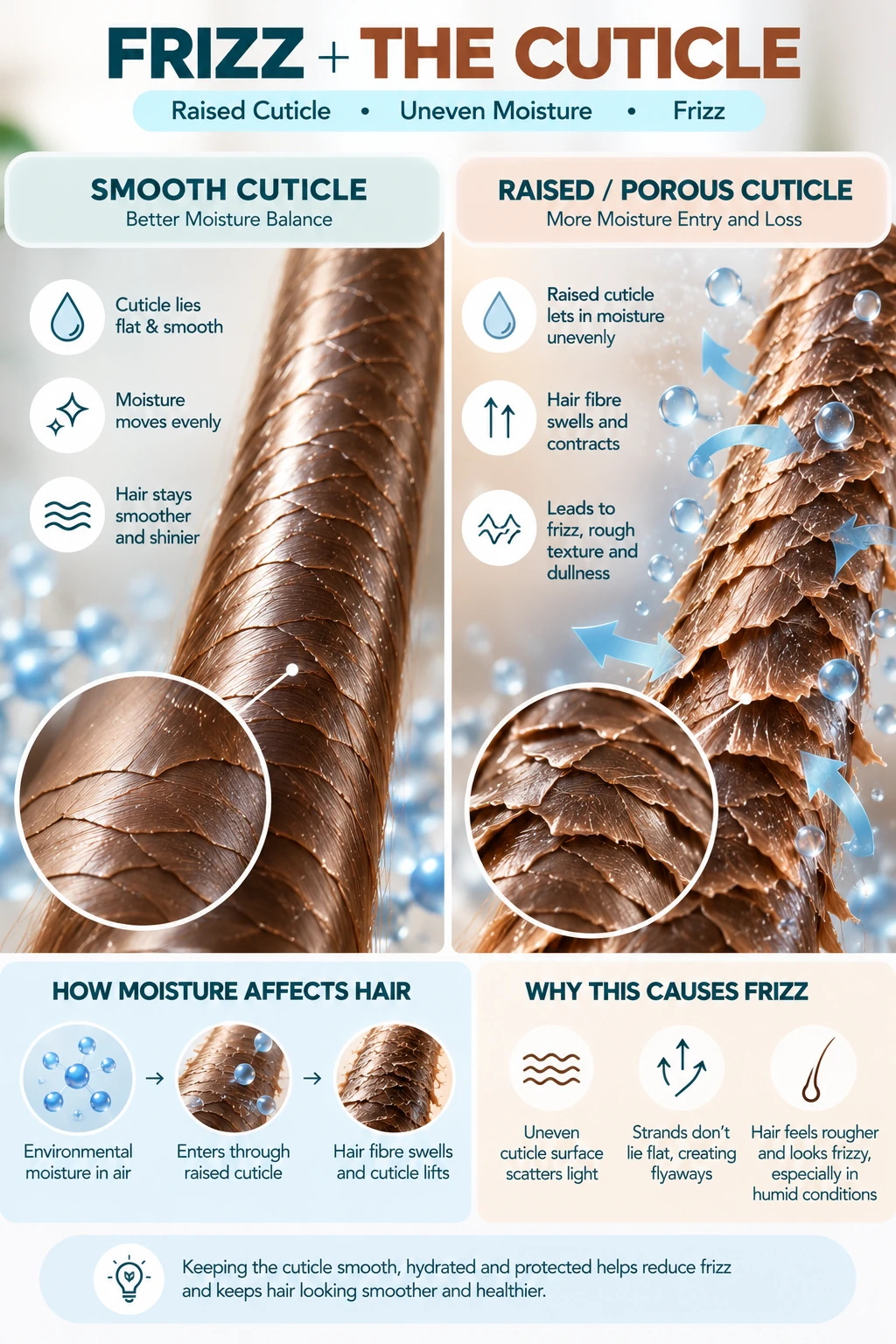 Frizzy hair cuticle comparison showing smoother and raised cuticles with uneven moisture movement and humidity-related frizz