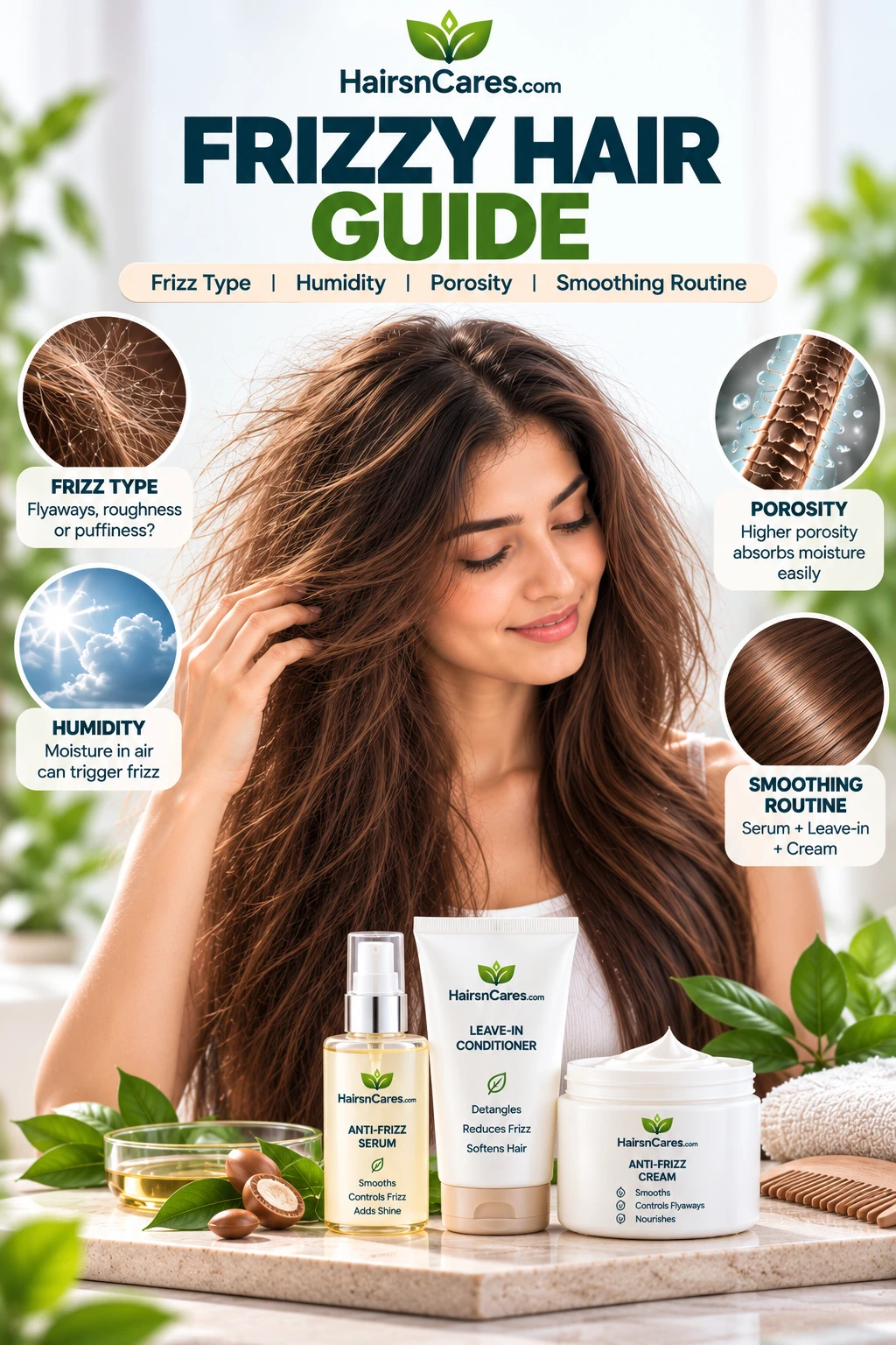 Frizzy hair guide showing flyaways, humidity, hair porosity, cuticle condition and a smoothing hair care routine