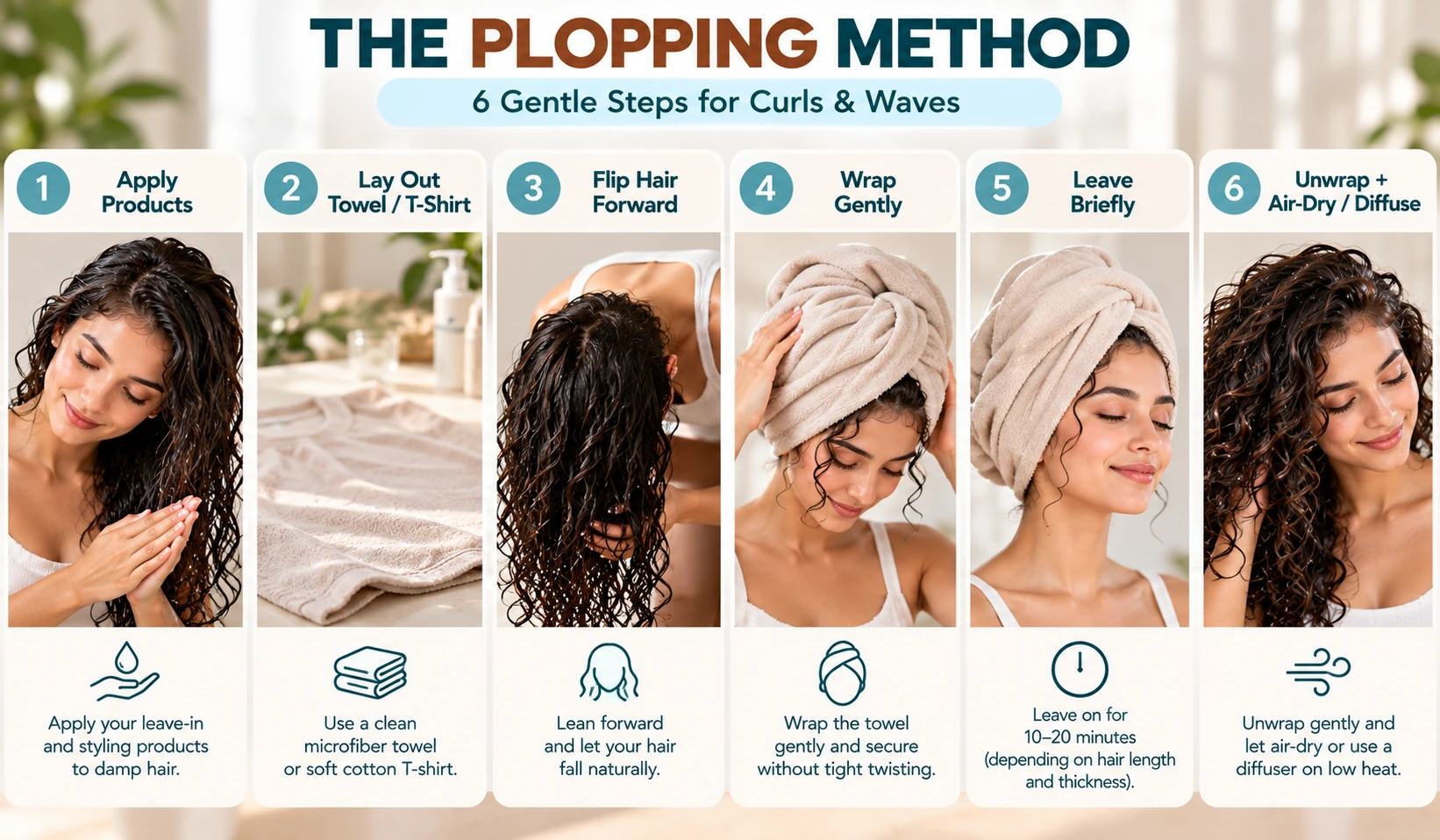 Plopping method for curly and wavy hair showing six steps using a microfiber towel or cotton T-shirt to gently dry curls and reduce friction