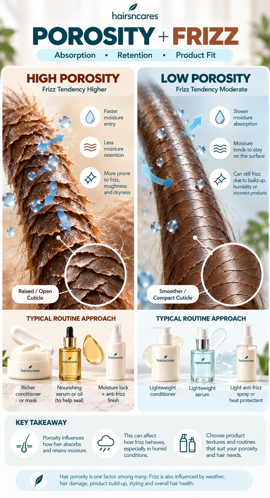 Porosity and frizz comparison showing higher porosity raised cuticles and lower porosity compact cuticles with differences in moisture movement and product fit