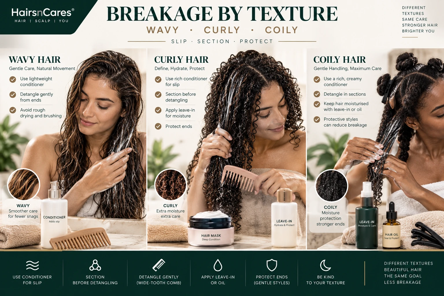 Breakage care for wavy curly and coily hair using conditioner slip sectioning gentle detangling and protected ends