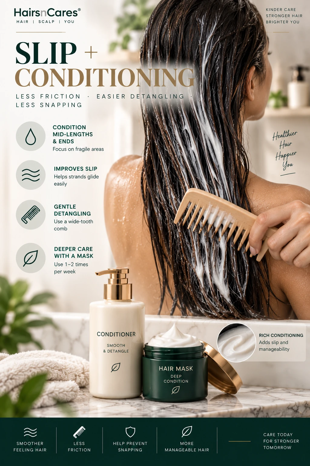 Conditioner on fragile mid-lengths and ends with wide-tooth comb for gentle detangling and reduced hair breakage
