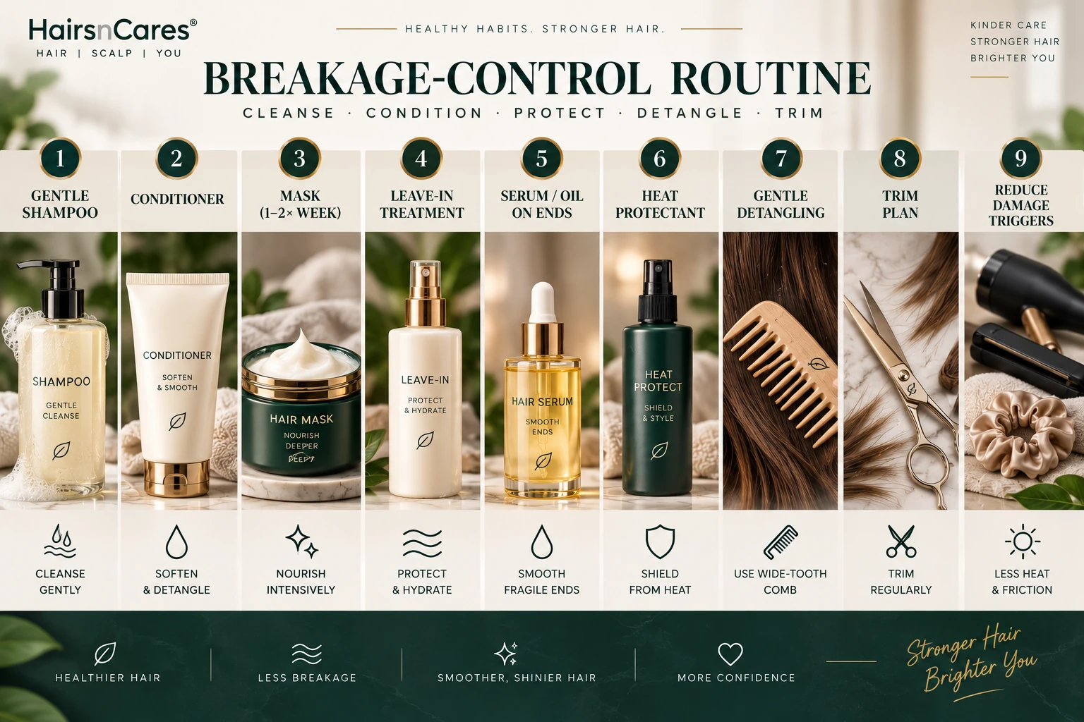 Hair breakage control routine with gentle shampoo conditioner hair mask leave-in serum heat protectant detangling and trimming