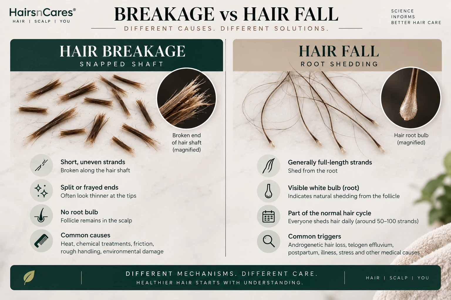 Hair breakage versus hair fall showing short snapped hair shafts compared with generally full-length shed strands