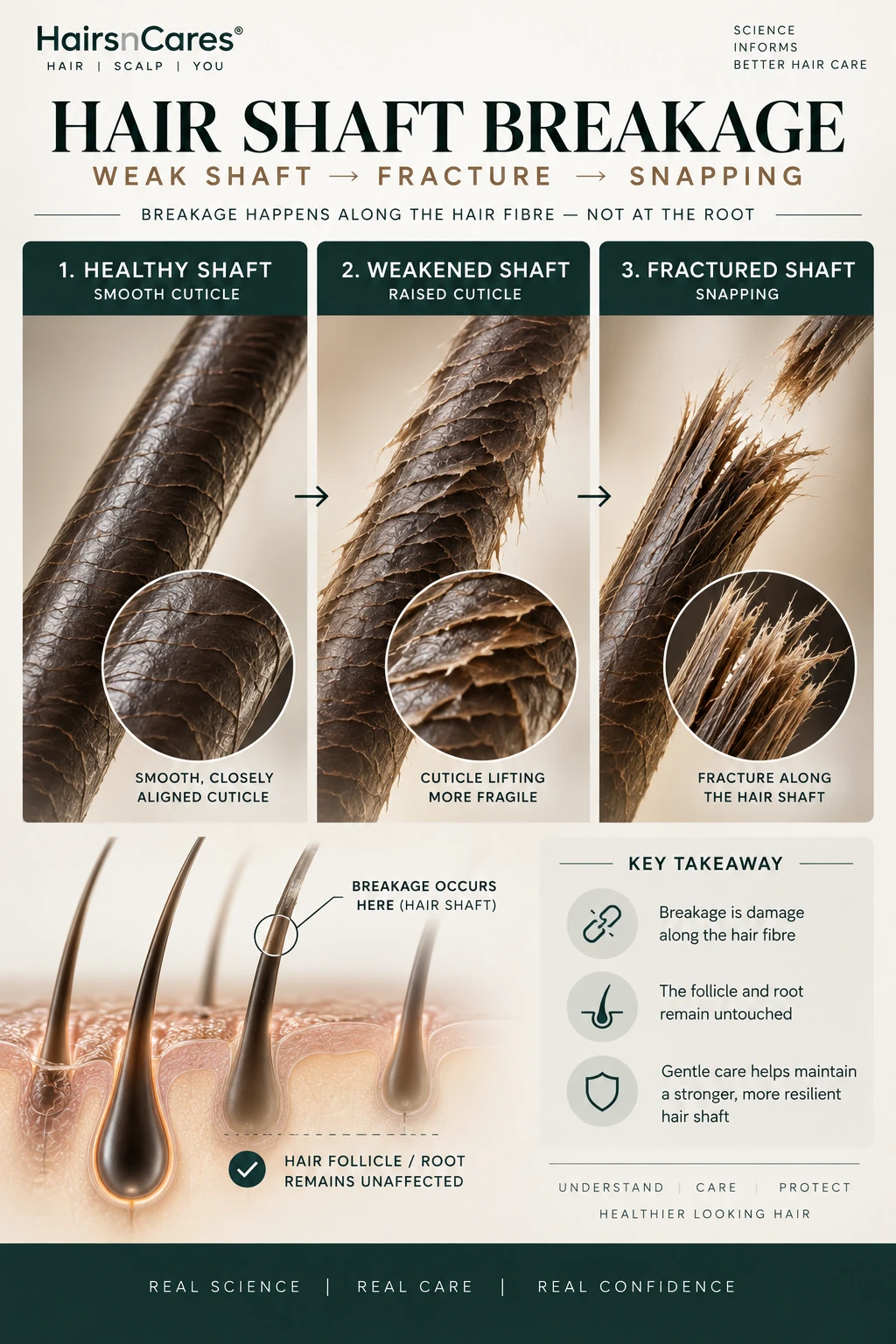 Hair shaft breakage showing healthy hair progressing to weakened cuticle fracture and snapping while the follicle remains intact