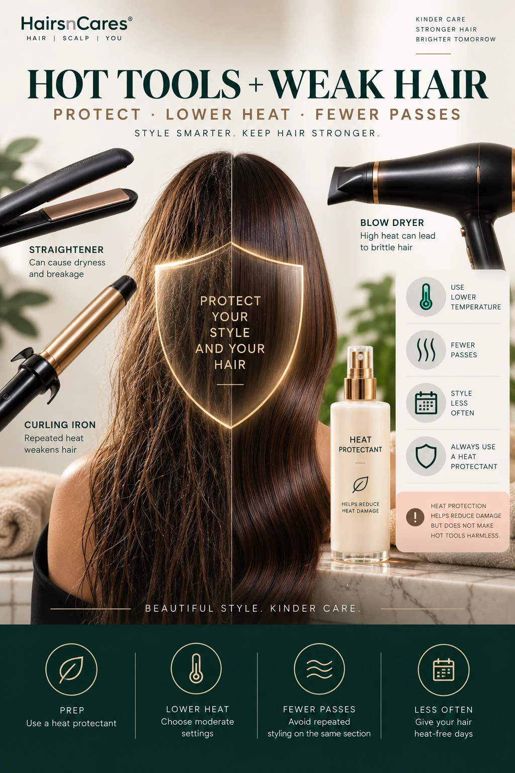Straightener curling iron and blow dryer around fragile hair with heat protectant and lower-heat styling guidance
