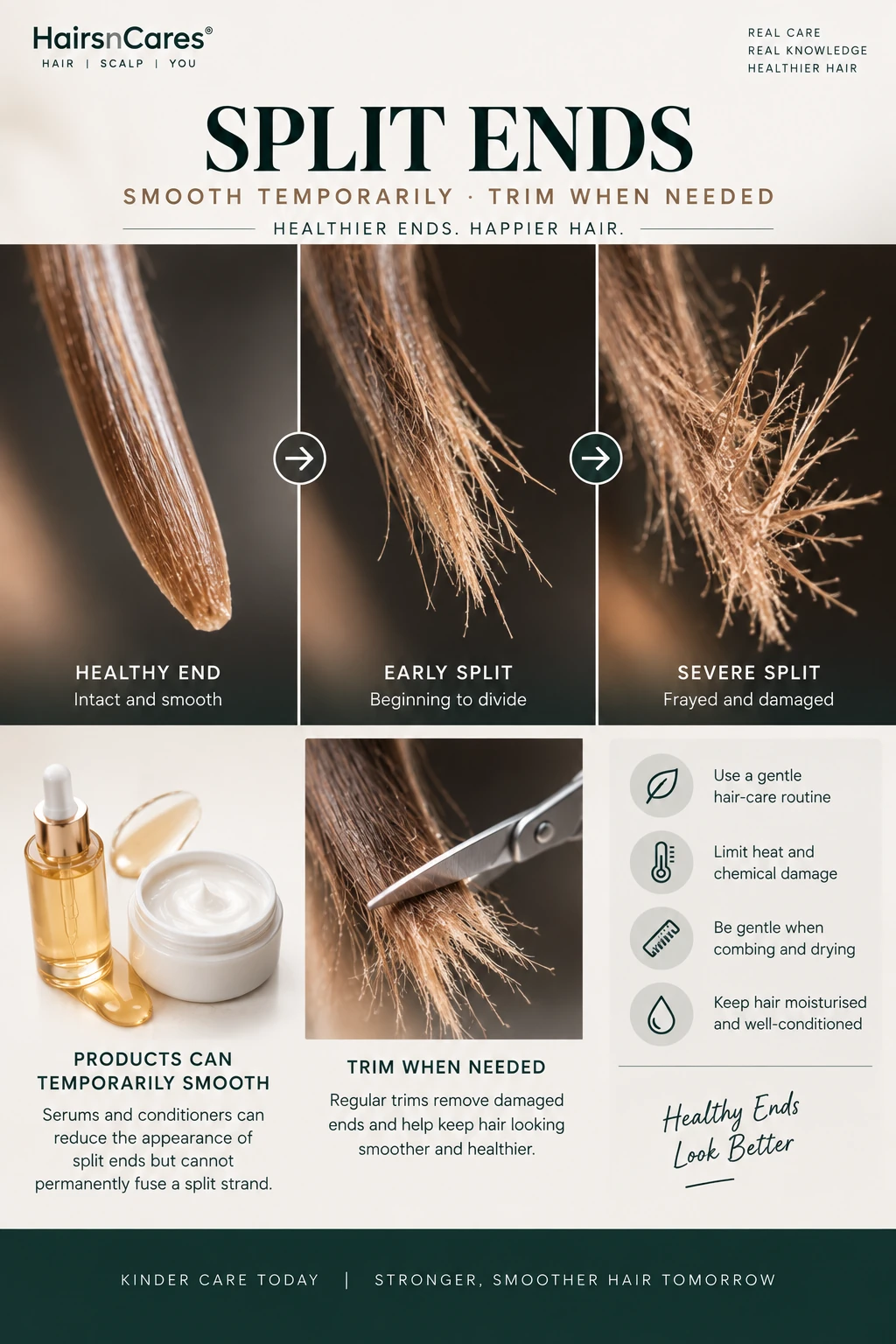 Split ends progressing from intact hair ends to early splitting and severely frayed damaged hair ends